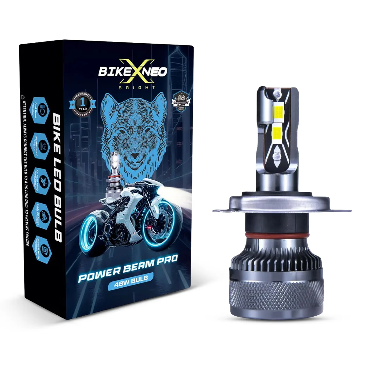 BikeXNeo Power Beam Pro 48W Motorcycle LED Headlight Bulb – India’s Most Powerful | 1 Year Warranty | Universal H4 Fit | Waterproof