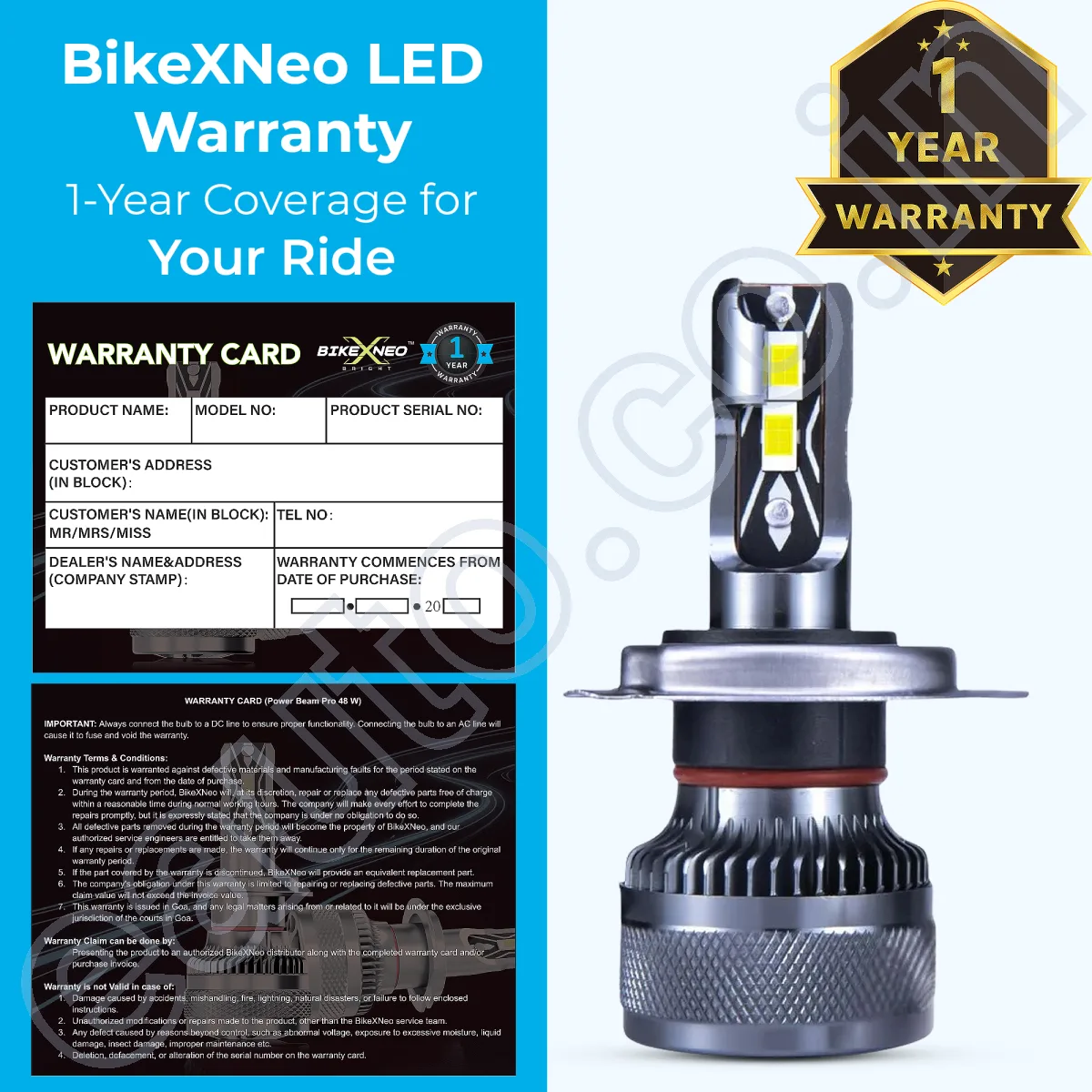 BikeXNeo Power Beam Pro 48W Motorcycle LED Headlight Bulb – India’s Most Powerful | 1 Year Warranty | Universal H4 Fit | Waterproof 9