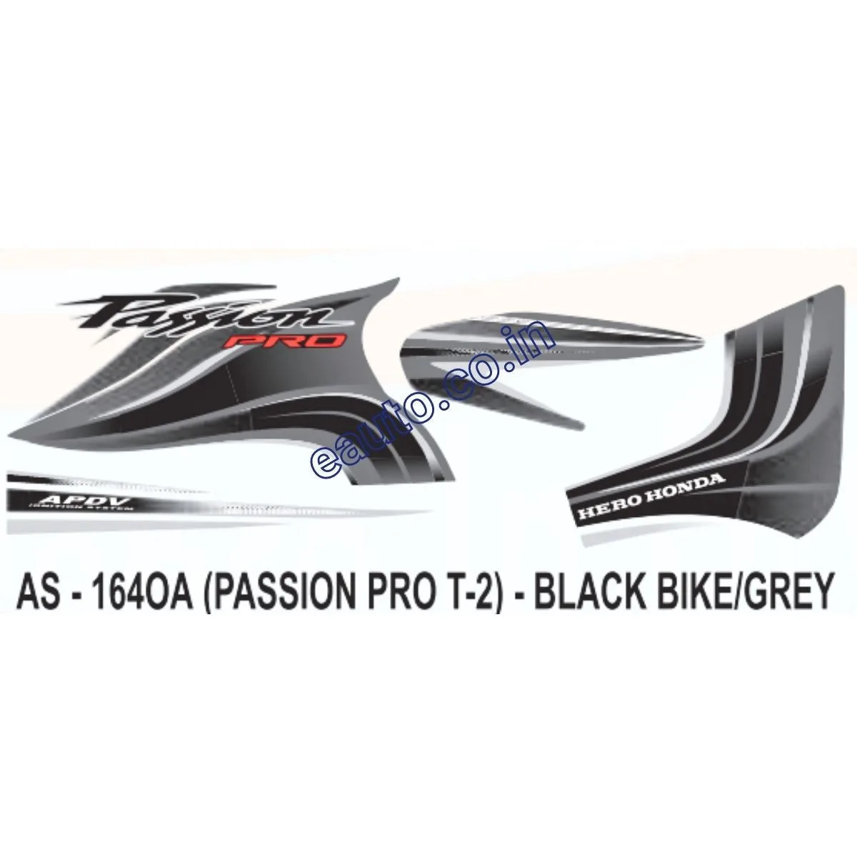 Graphics Sticker Set for Hero Honda Passion Pro | Type 2 | Black Vehicle | Grey Sticker | Both Sides